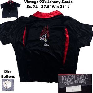 Vintage Johnny Suede Martini Flames Rockabilly Bowling Shirt USA Made XL Satin